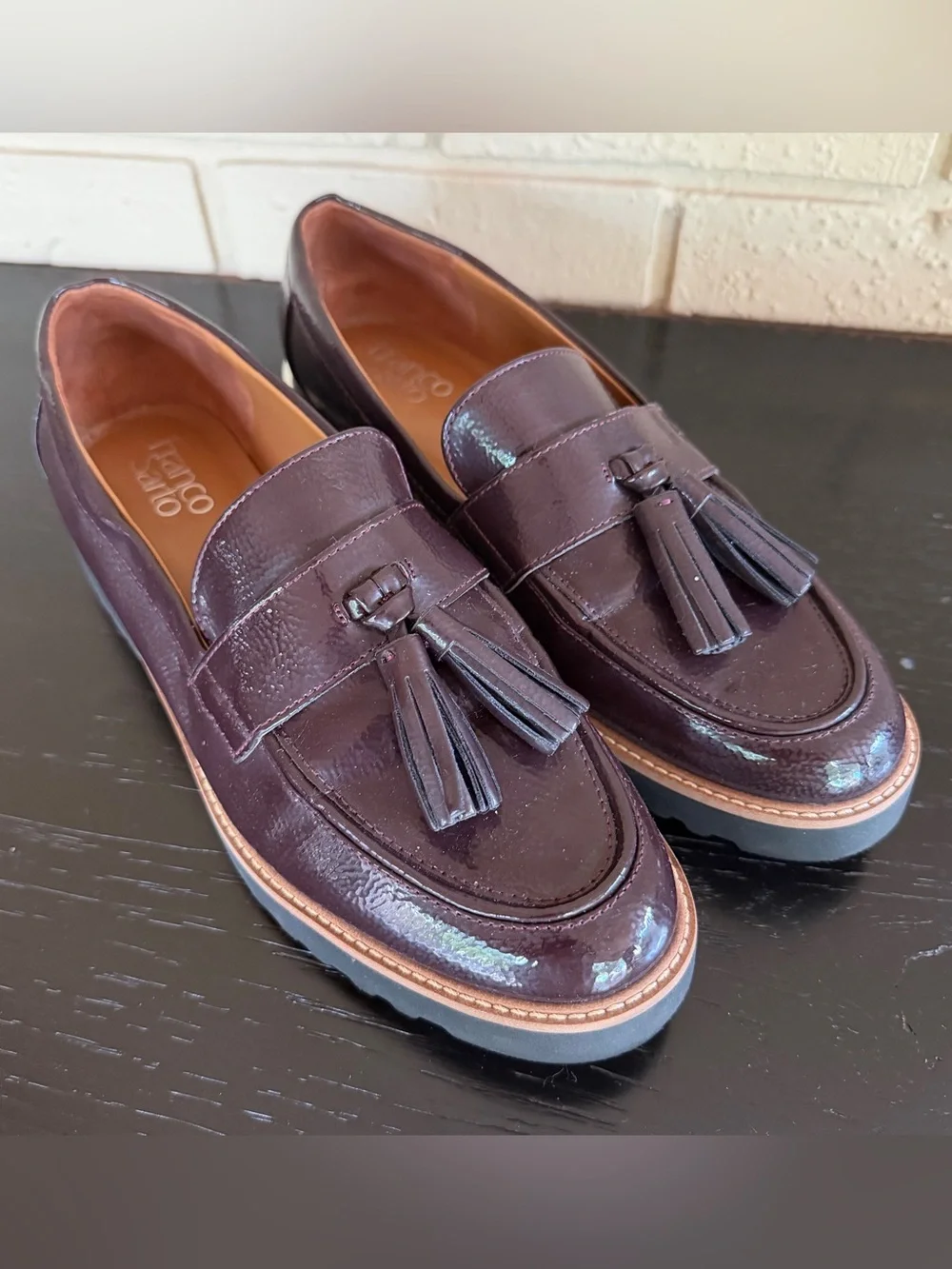 Franco Sarto Carolynn Lug Sole Loafer Tassel Ox Blood Patent Leather Womens 9 M
